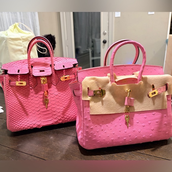 Birkin Style Bag B25 Pink Ostrich Leather Gold Hardware Made in France Purse - Picture 5 of 14